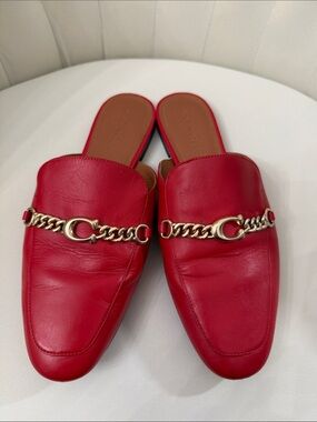 Coach Red Leather Chain-Trim Slide Mules
